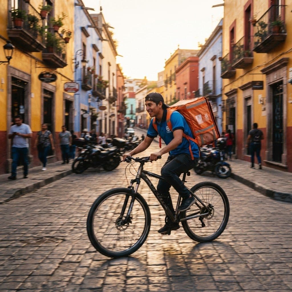 Repartidor de MandeYa en bicicleta recorriendo una calle mexicana